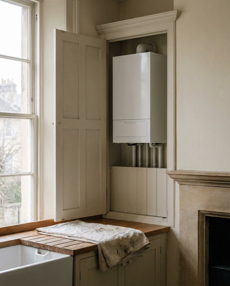 A plain white combi boiler fitted inside an open painted cupboard in a Bath stone kitchen, its pipework boxed in below, with a folded dust sheet on the wooden worktop.