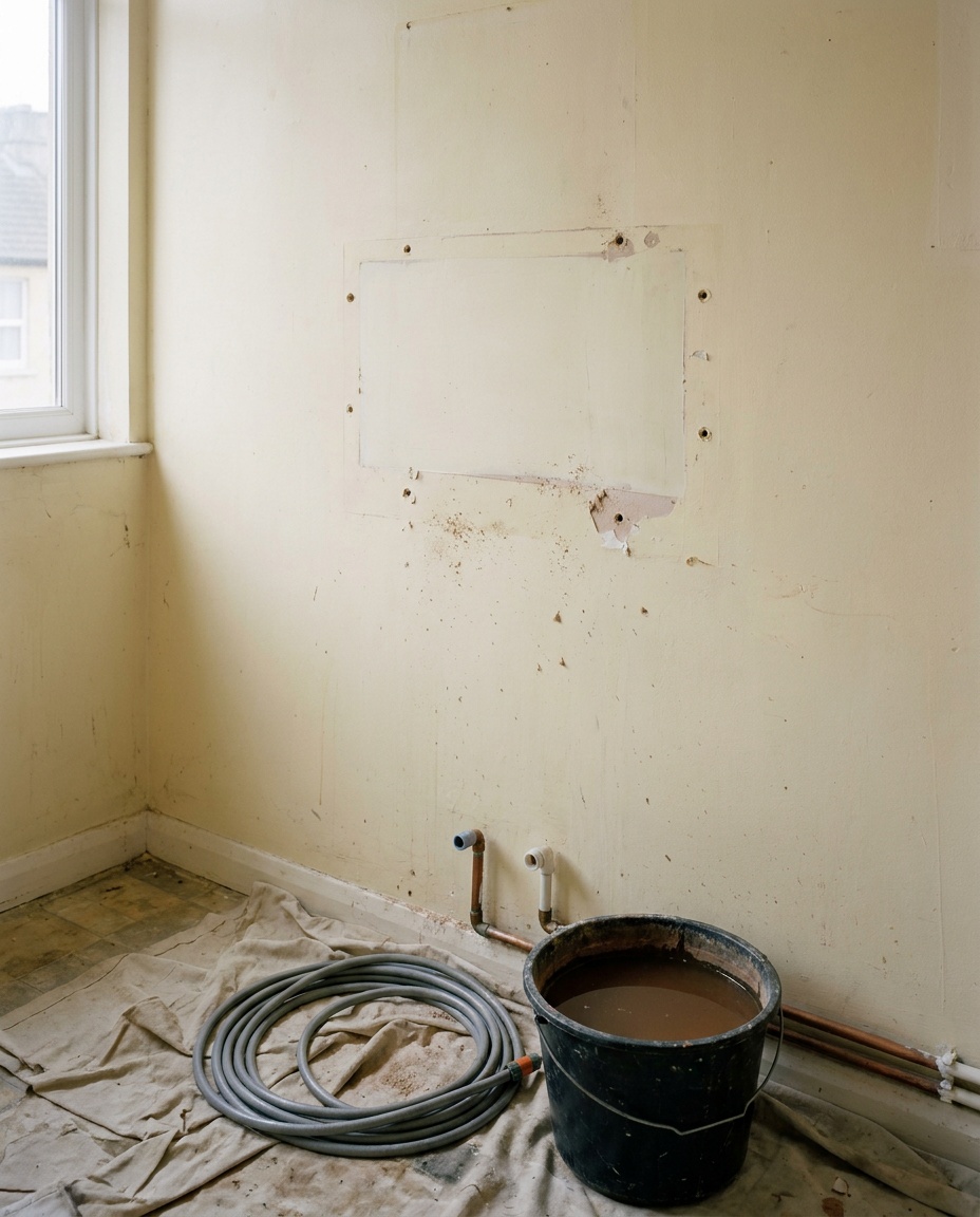 A kitchen wall in a Bath terraced house after the old boiler has come off: a pale rectangle where it hung, drill holes and scuffed paint around it, two pipe tails at skirting level, and a bucket of murky system water beside a coiled grey hose on a dust sheet.