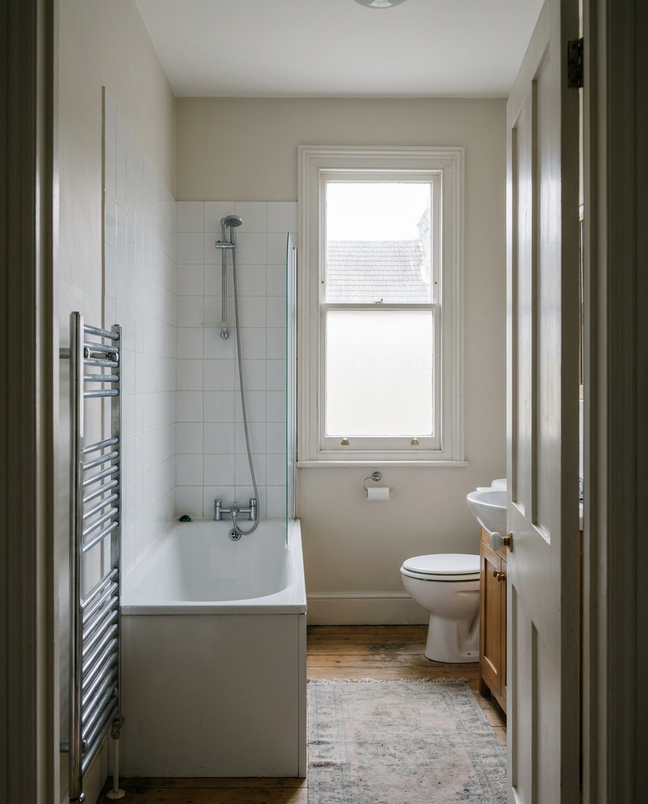 A finished family bathroom in a Bath terraced house: white bath with a shower over it and a glass screen, plain white wall tiles, a chrome heated towel rail and a painted sash window.