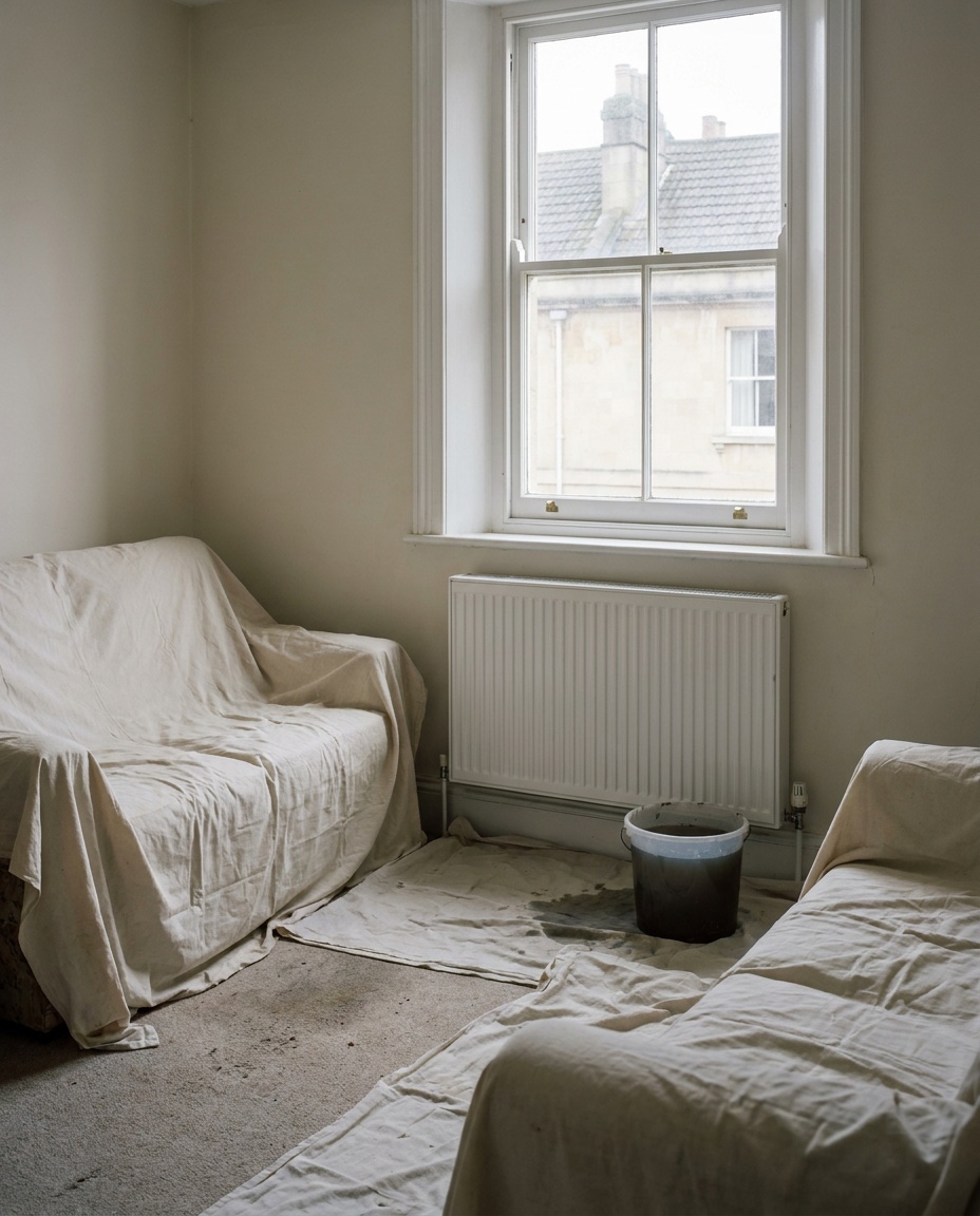 A living room in a Bath terraced house on flush day: sofas under cream dust sheets, a white panel radiator below a sash window, and a bucket of dark murky water on the sheets beside it.