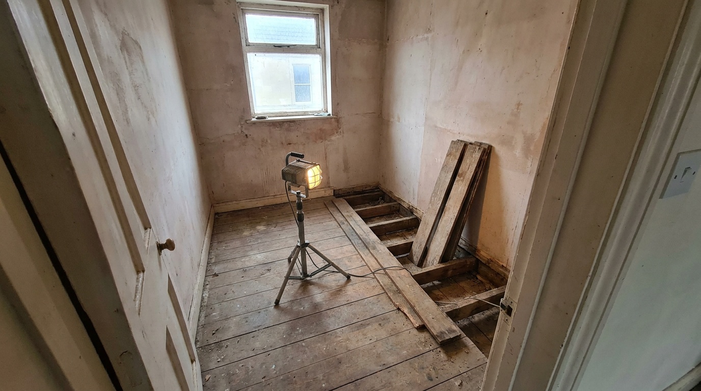 A small stripped-out bathroom in an older Bath terraced house seen from the doorway: bare patched plaster, floorboards lifted and stacked against the wall, timber joists showing, and a work lamp on a tripod.